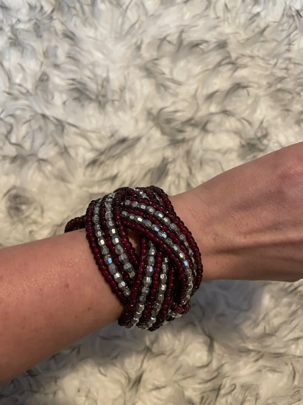 NWOT Braided Beaded Bracelet Burgundy Silver Black Red